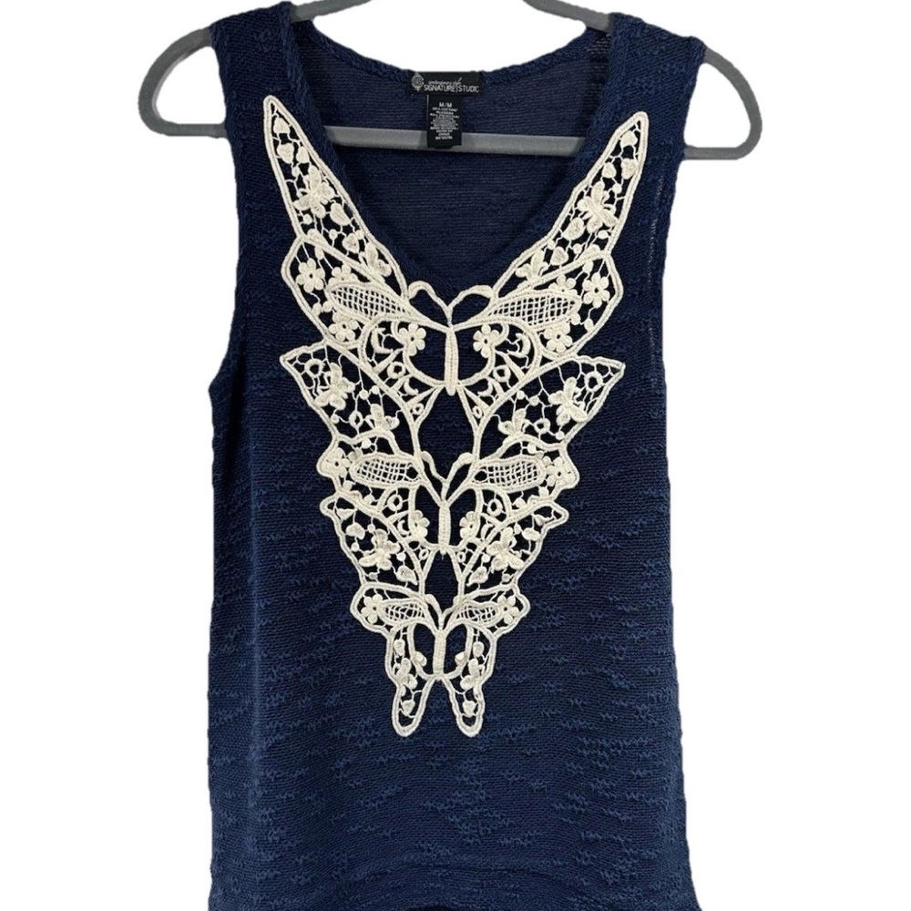 Signature Studio Boho Lace Butterfly Tank Top Navy Blue Textured Western Fairy M